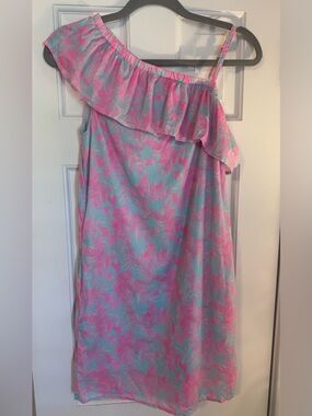 Vineyard Vines Girls One Shoulder Ruffle Dress Pink and Blue Size 14